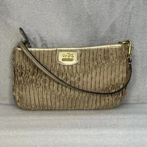 COACH Signature Madison Gold Gathered Pleated‎ Leather Strap Handbag Wristlet